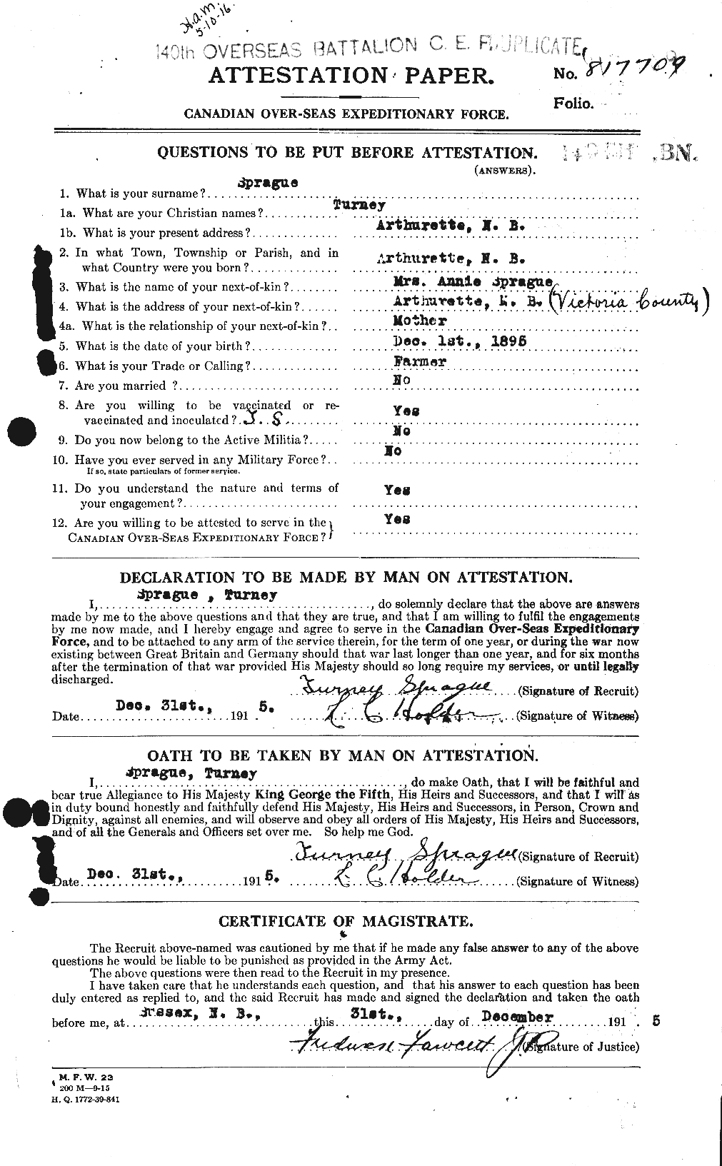 Dossiers du Personnel de la Première Guerre mondiale - CEC 112524a