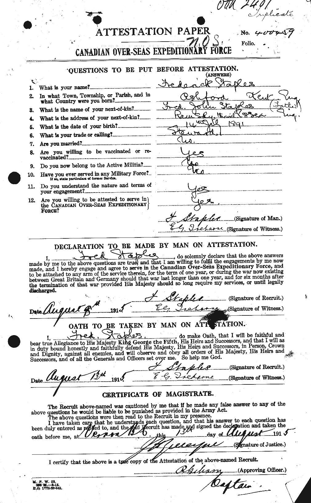 Dossiers du Personnel de la Première Guerre mondiale - CEC 114183a