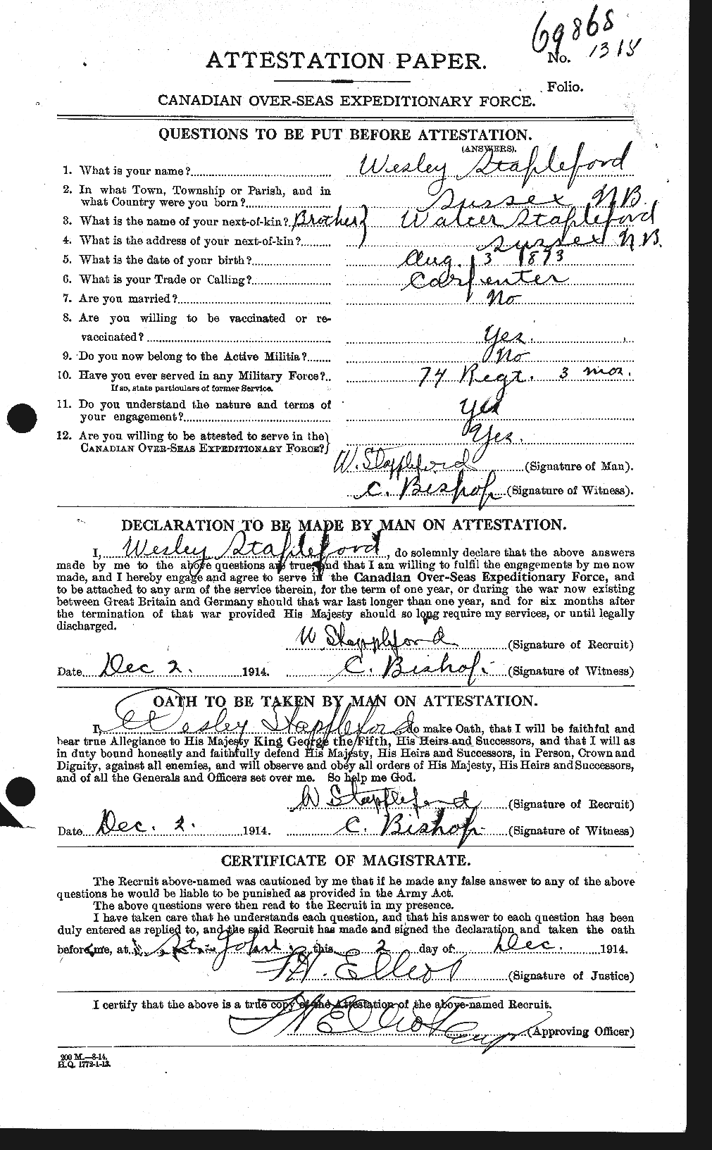 Dossiers du Personnel de la Première Guerre mondiale - CEC 114264a
