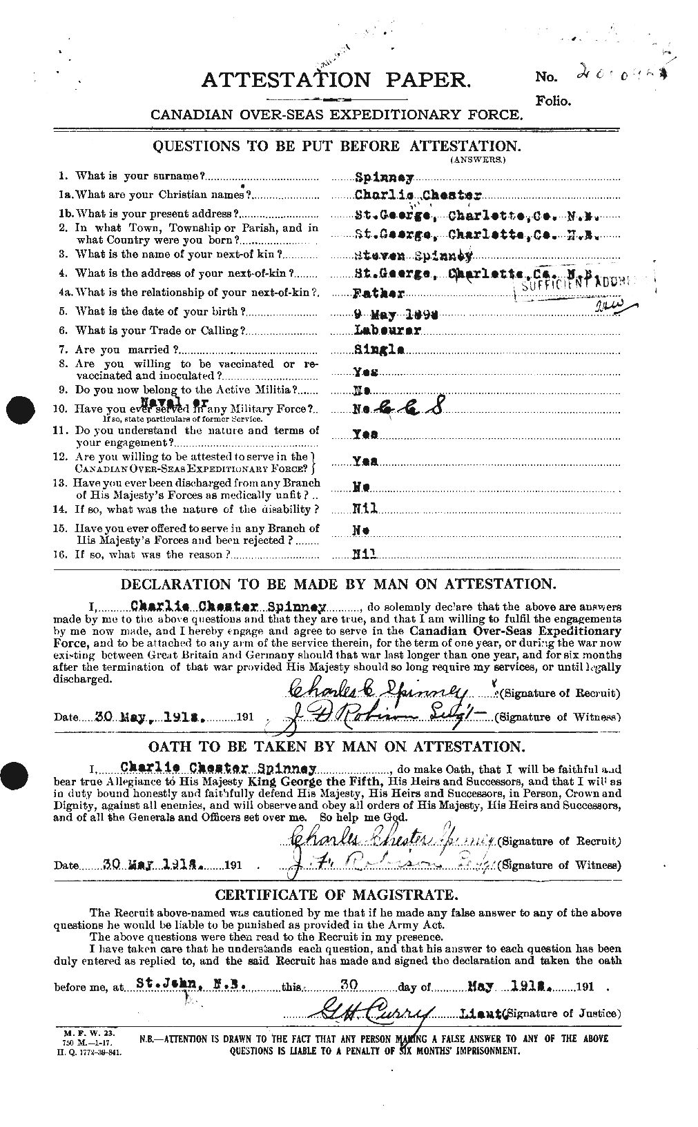 Dossiers du Personnel de la Première Guerre mondiale - CEC 114426a