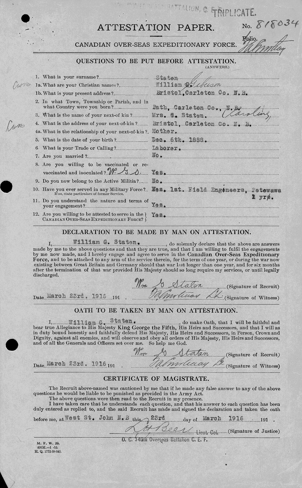 Dossiers du Personnel de la Première Guerre mondiale - CEC 116130a