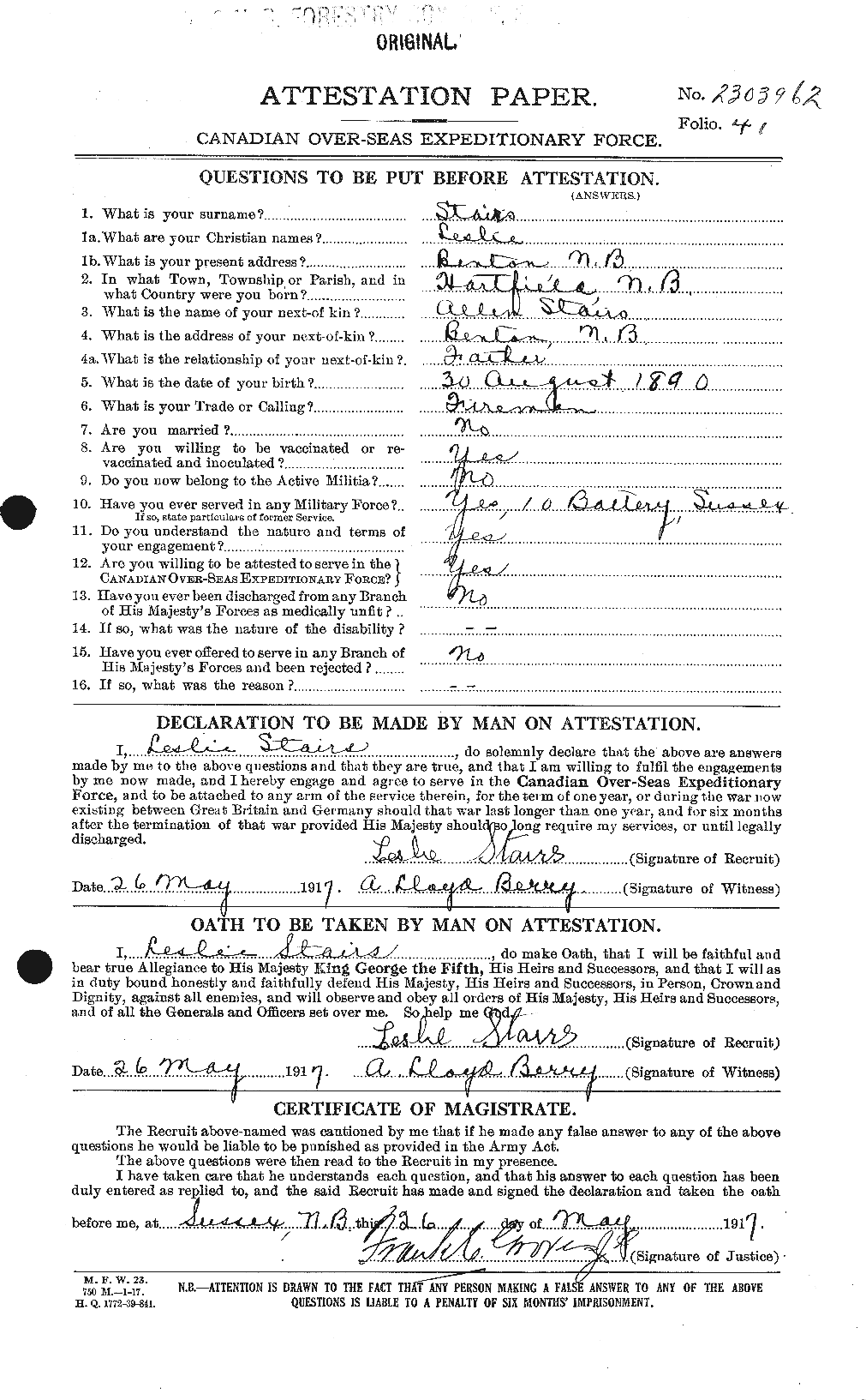 Dossiers du Personnel de la Première Guerre mondiale - CEC 116799a