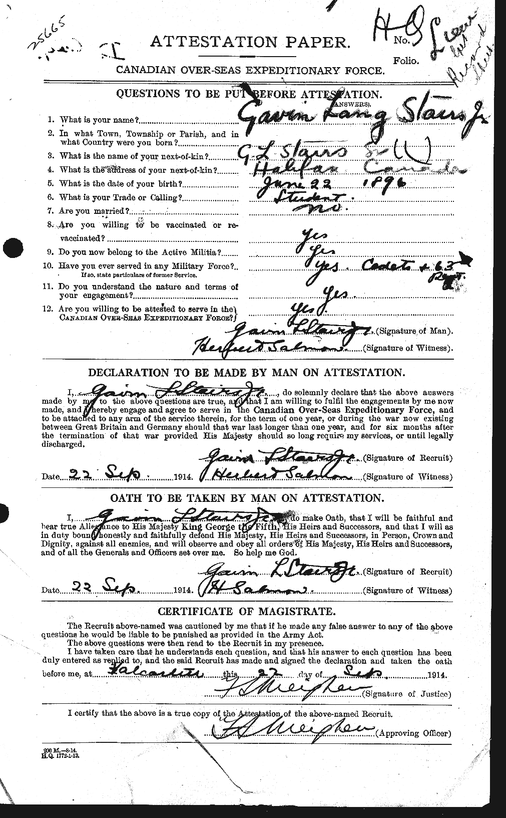 Dossiers du Personnel de la Première Guerre mondiale - CEC 116814a