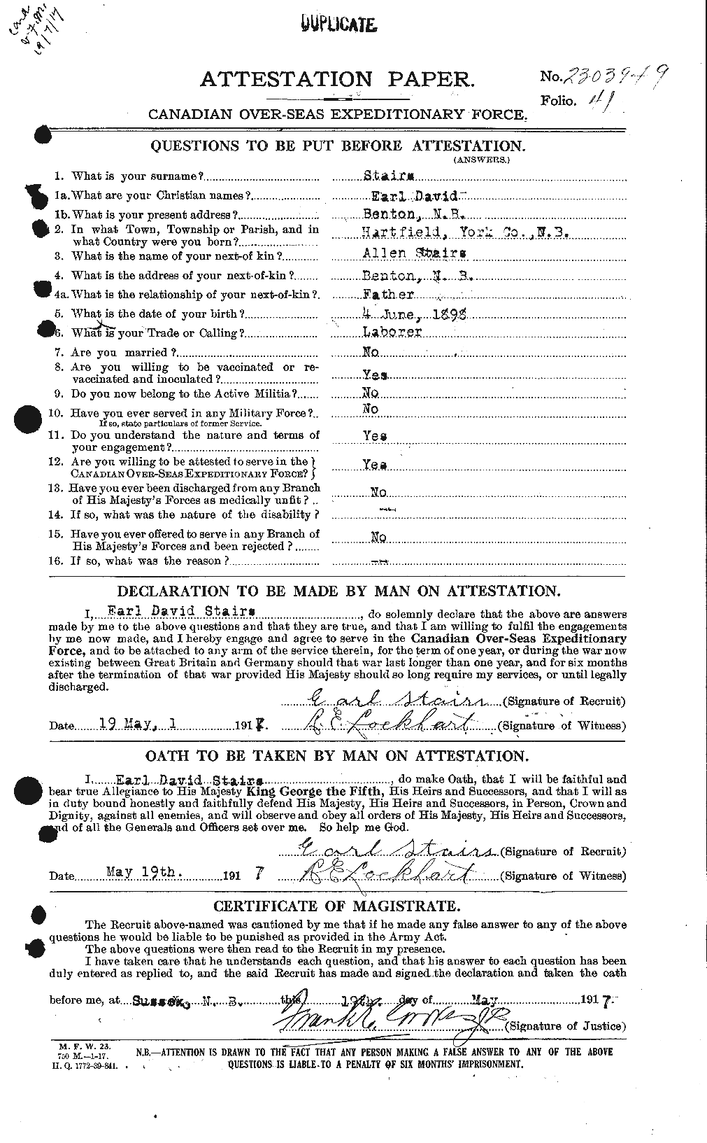 Dossiers du Personnel de la Première Guerre mondiale - CEC 116820a