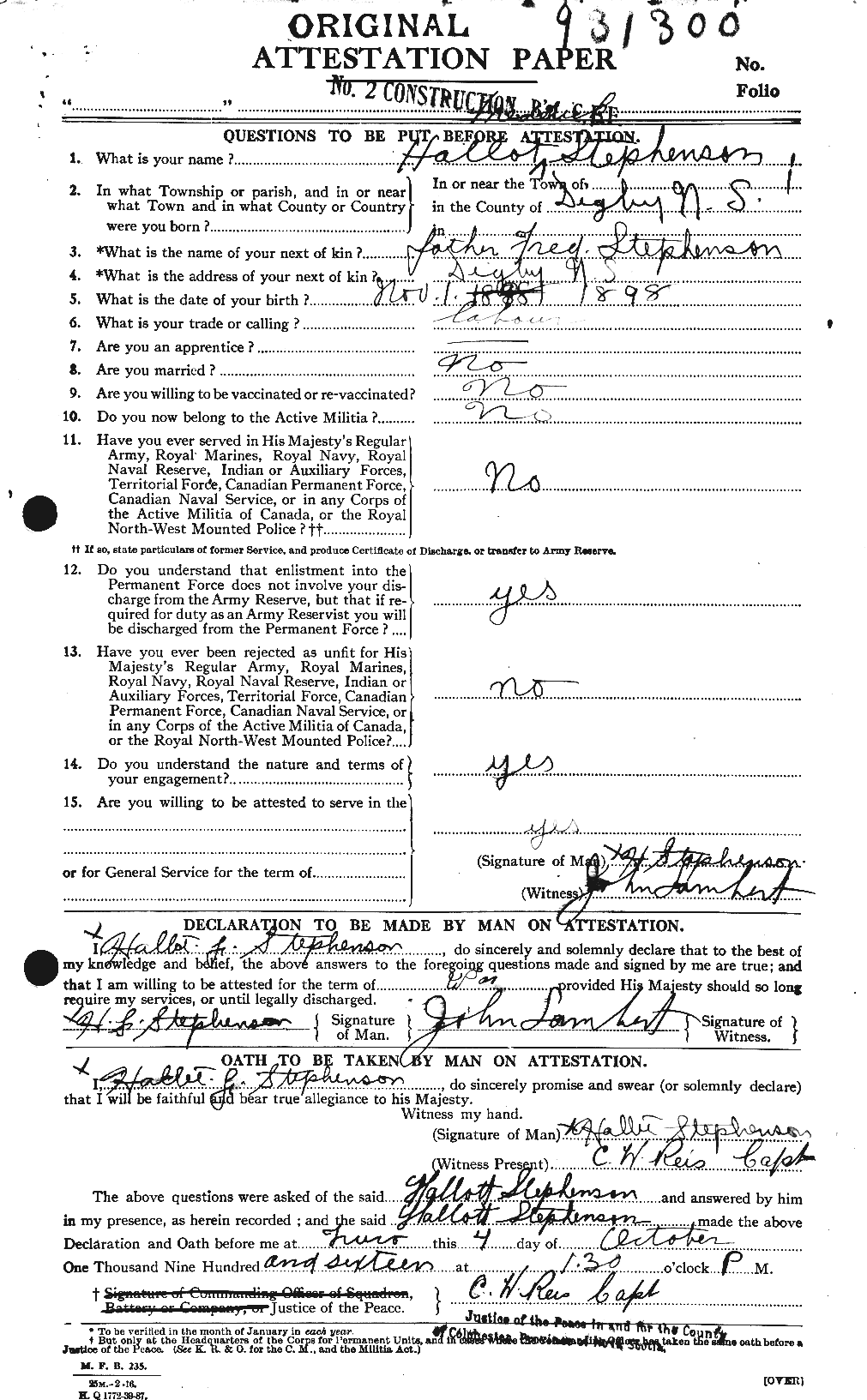 Dossiers du Personnel de la Première Guerre mondiale - CEC 117216a