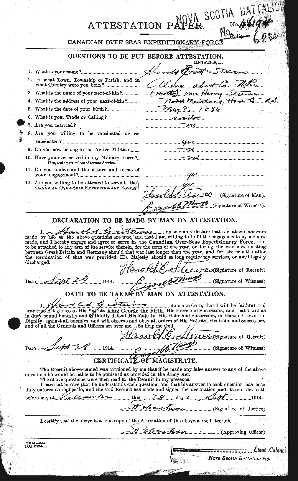 Dossiers du Personnel de la Première Guerre mondiale - CEC 119436a