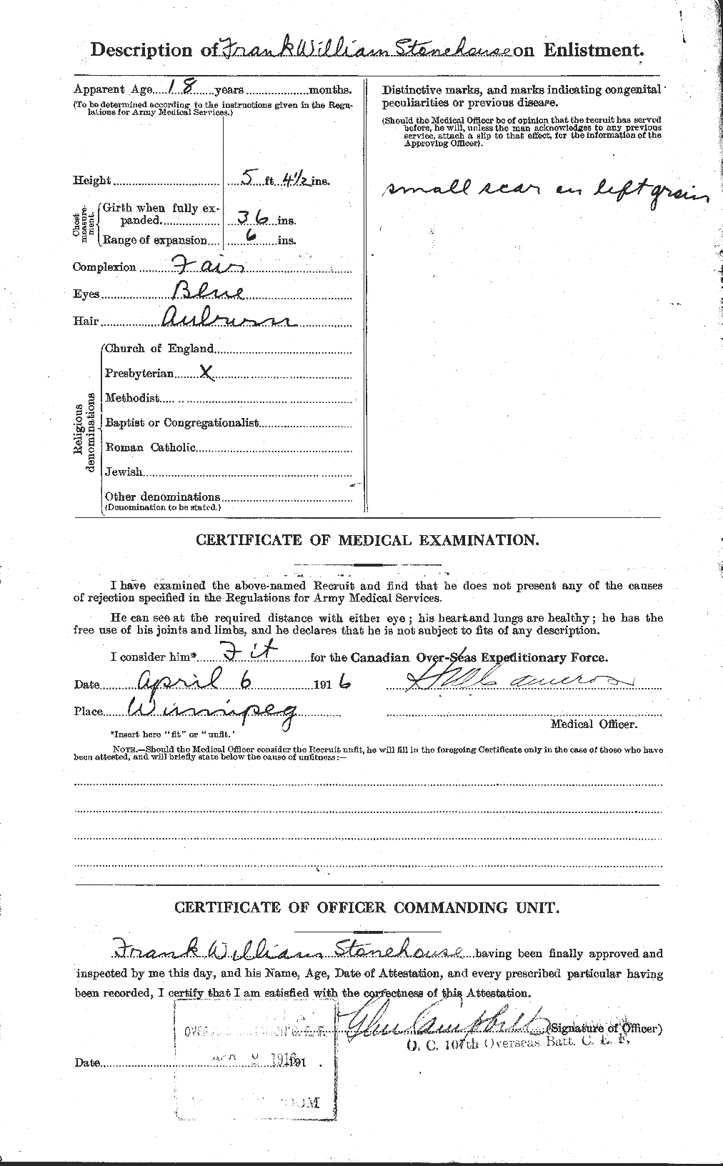 Dossiers du Personnel de la Première Guerre mondiale - CEC 121539b