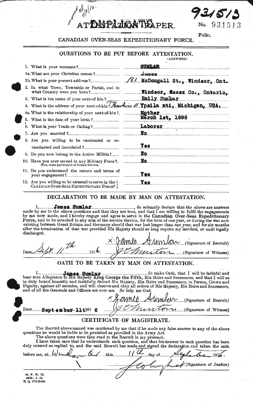 Dossiers du Personnel de la Première Guerre mondiale - CEC 124067a