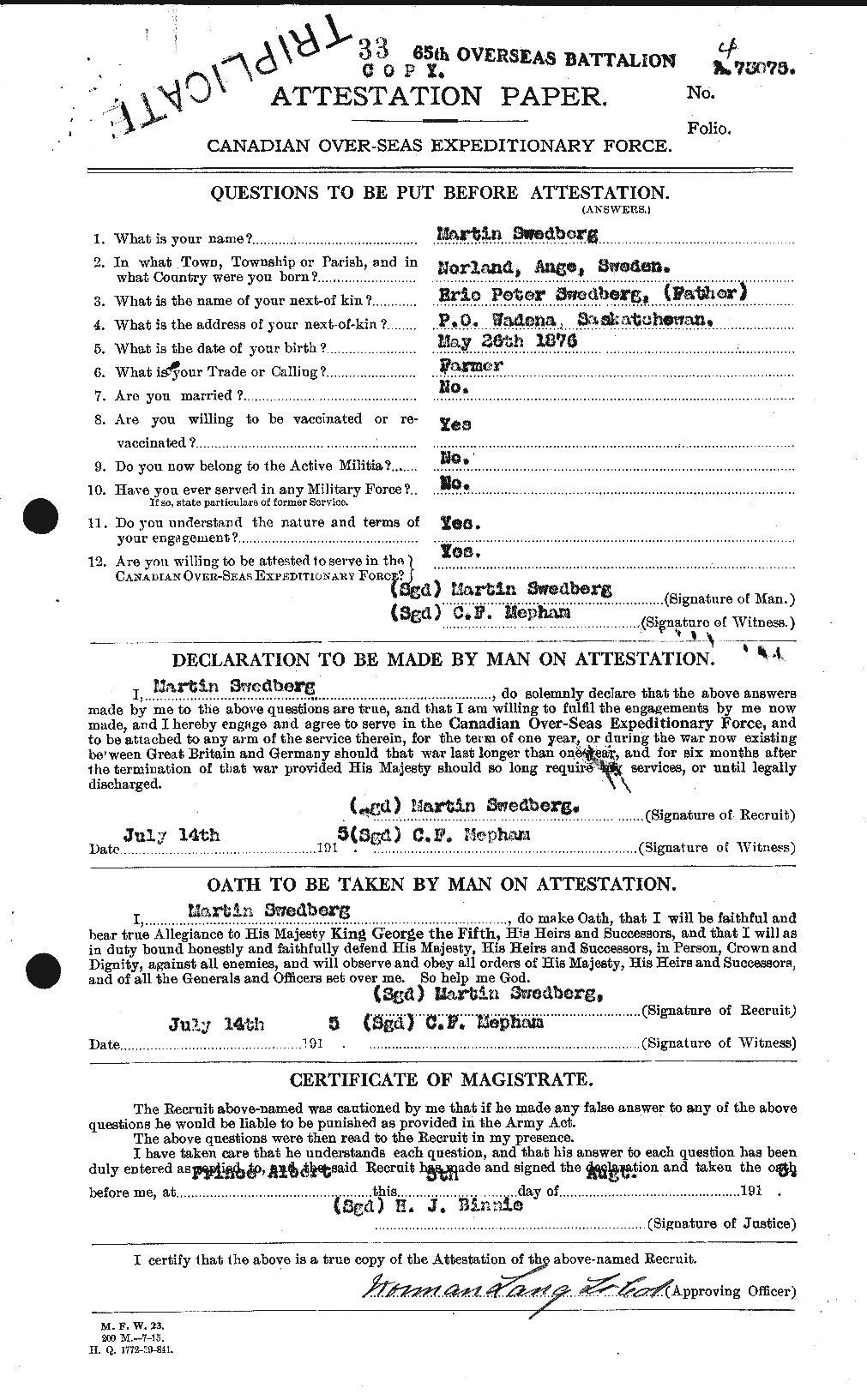 Dossiers du Personnel de la Première Guerre mondiale - CEC 126113a