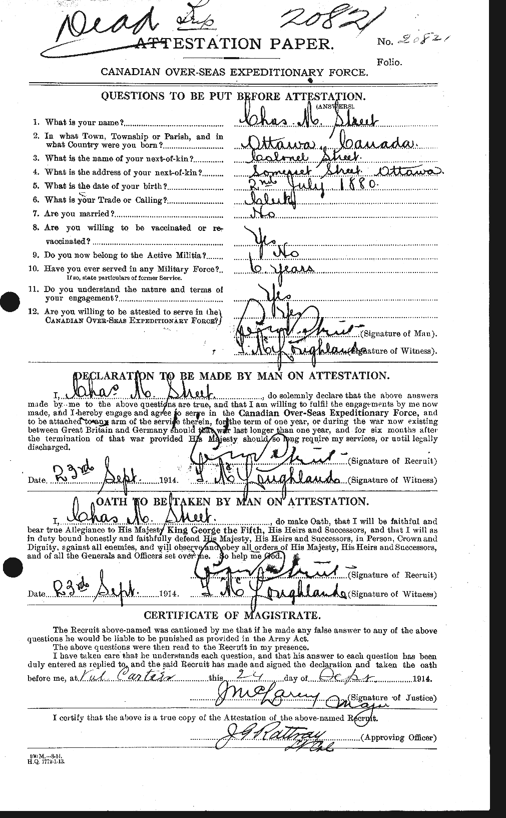 Dossiers du Personnel de la Première Guerre mondiale - CEC 126235a