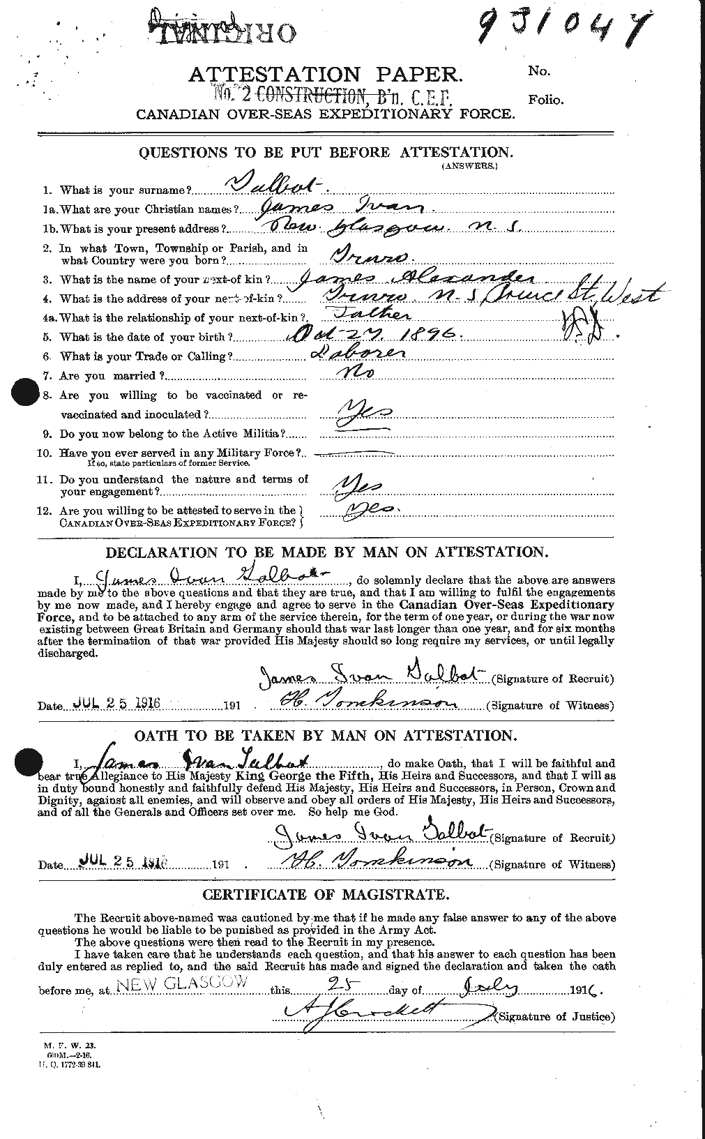 Dossiers du Personnel de la Première Guerre mondiale - CEC 126867a