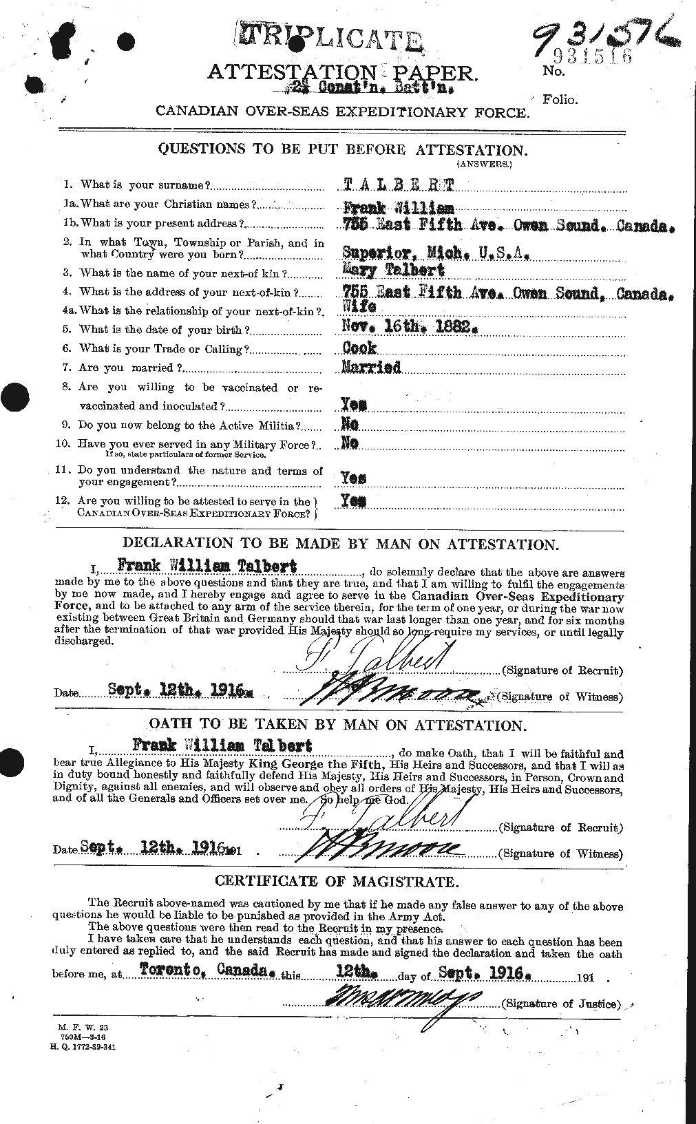 Dossiers du Personnel de la Première Guerre mondiale - CEC 126942a