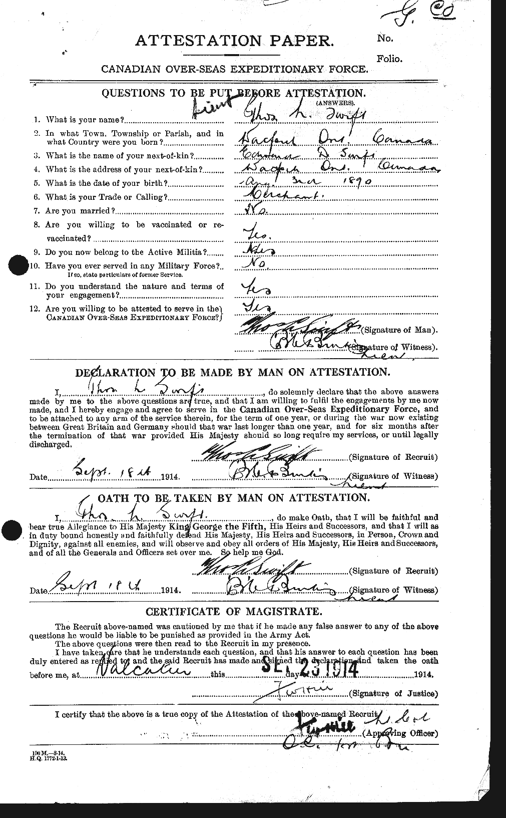 Dossiers du Personnel de la Première Guerre mondiale - CEC 128518a
