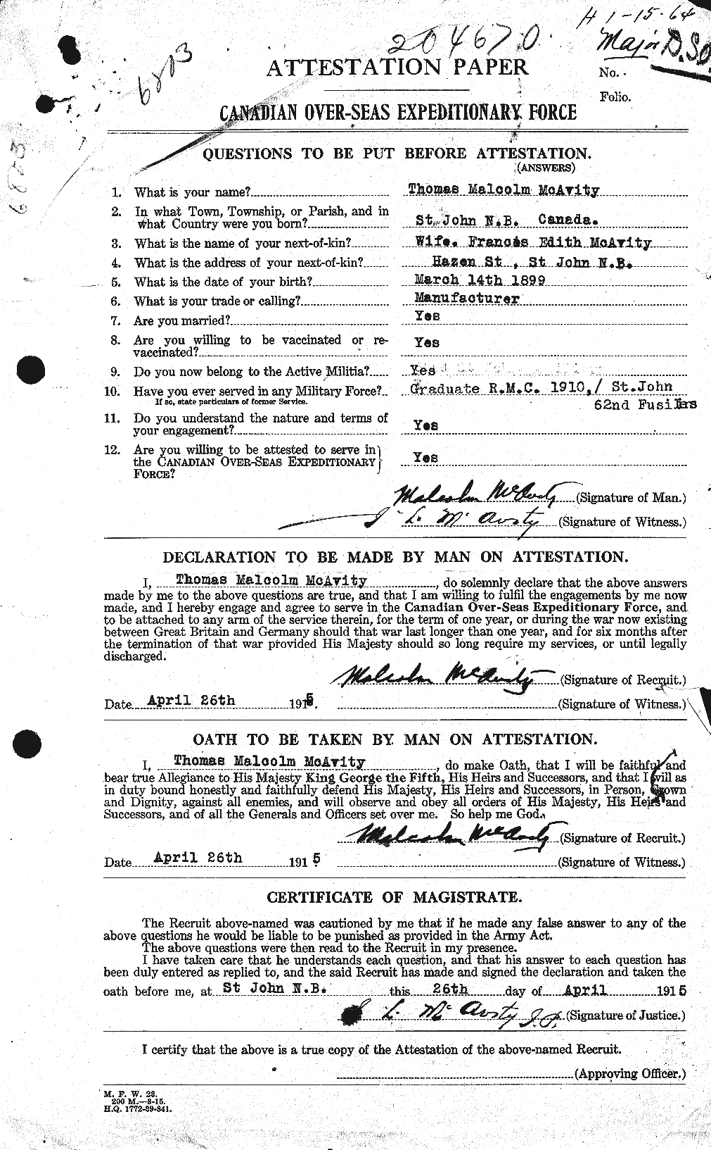 Dossiers du Personnel de la Première Guerre mondiale - CEC 130039a