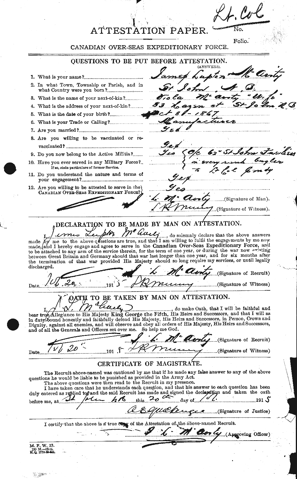 Dossiers du Personnel de la Première Guerre mondiale - CEC 130043a