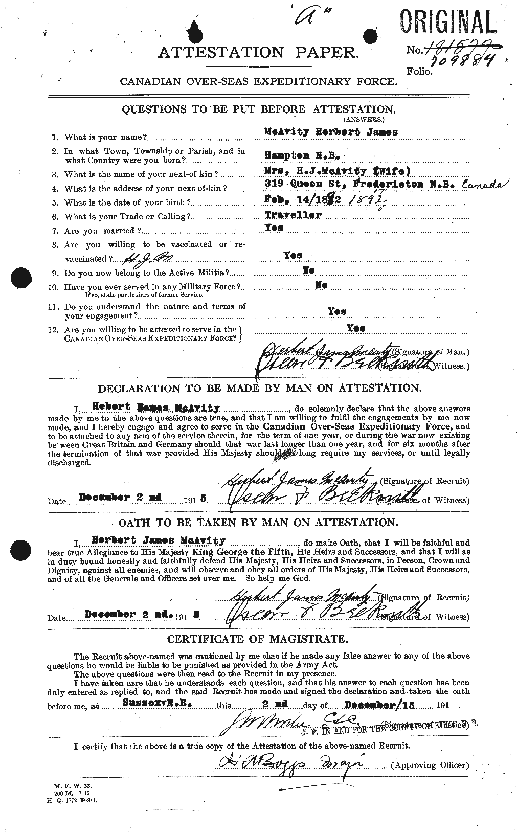 Dossiers du Personnel de la Première Guerre mondiale - CEC 130044a
