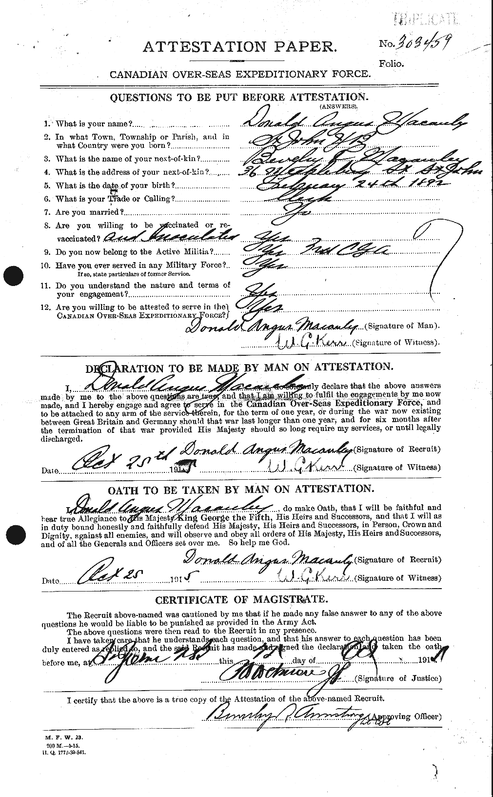 Dossiers du Personnel de la Première Guerre mondiale - CEC 130351a