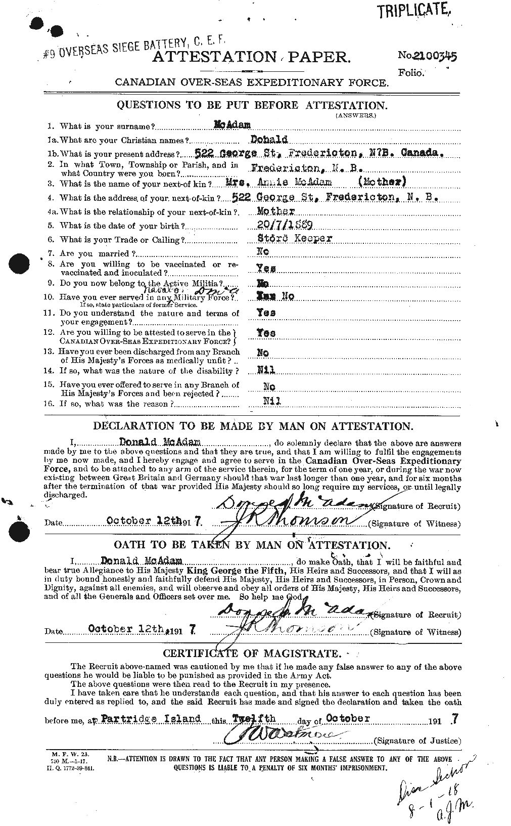 Dossiers du Personnel de la Première Guerre mondiale - CEC 130461a