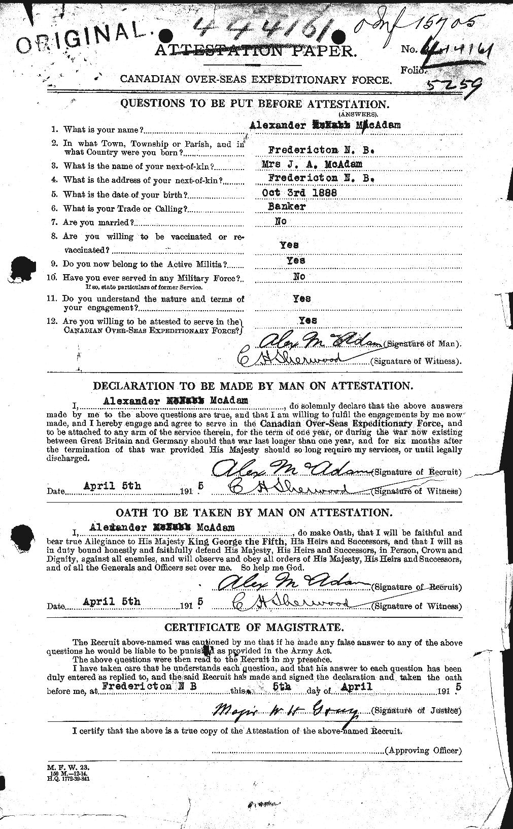 Dossiers du Personnel de la Première Guerre mondiale - CEC 130474a
