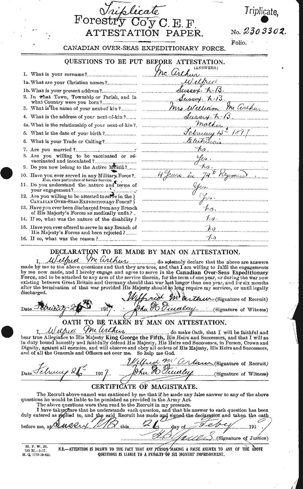 Dossiers du Personnel de la Première Guerre mondiale - CEC 130627a