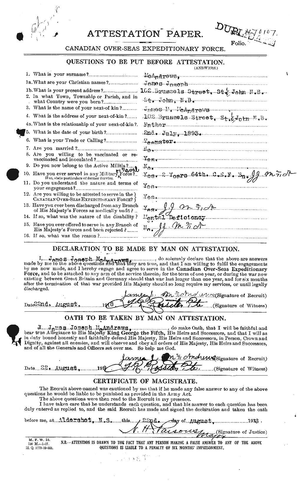 Dossiers du Personnel de la Première Guerre mondiale - CEC 131403a