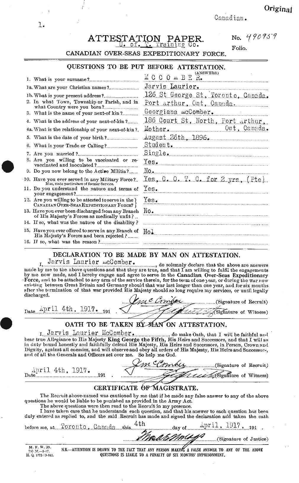Personnel Records of the First World War - CEF 133098a