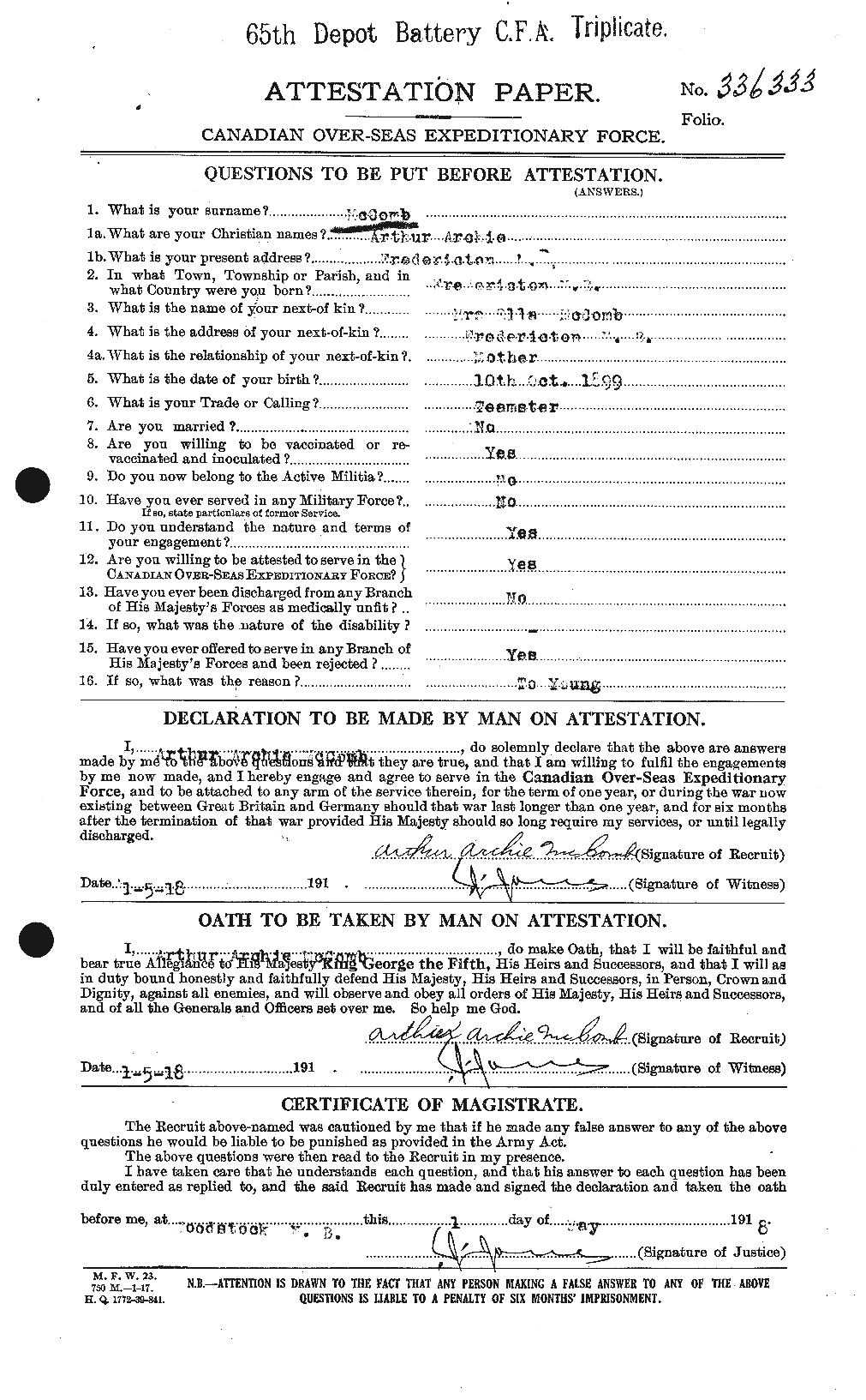 Dossiers du Personnel de la Première Guerre mondiale - CEC 133309a