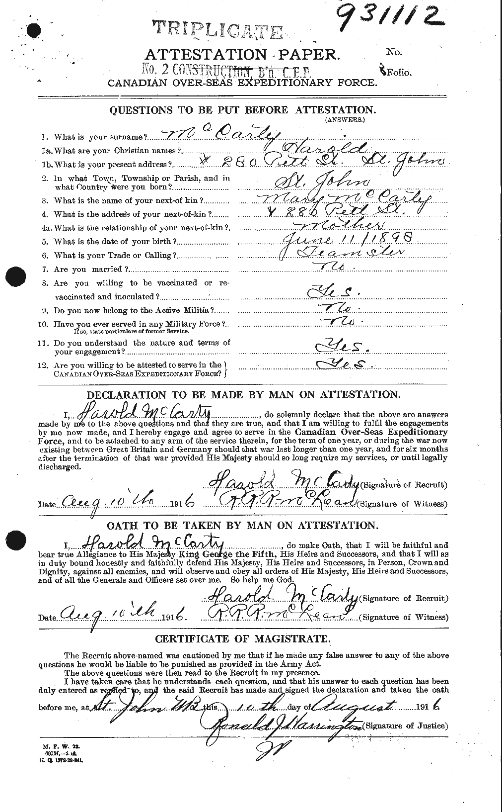 Personnel Records of the First World War - CEF 133501a