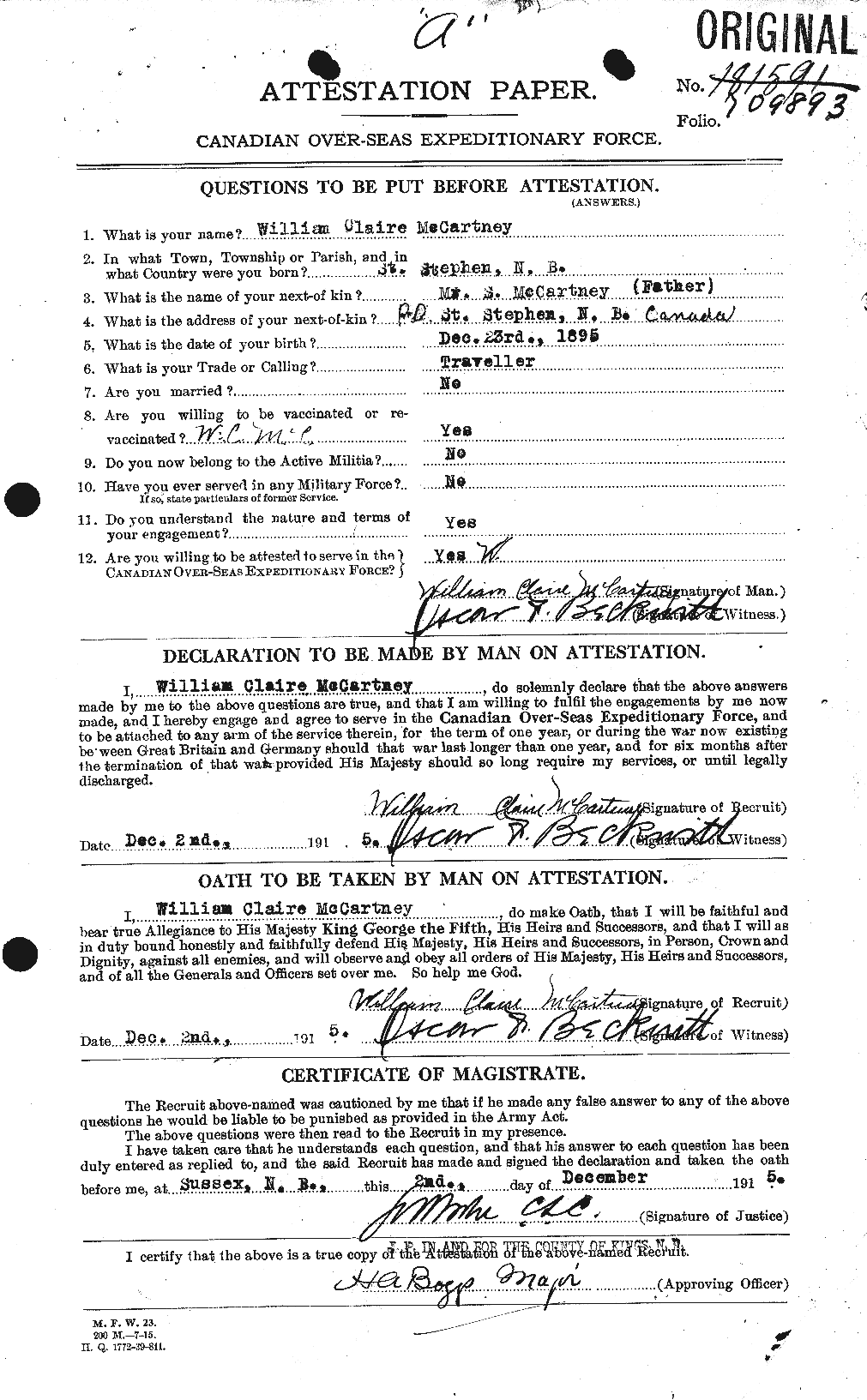 Dossiers du Personnel de la Première Guerre mondiale - CEC 133524a