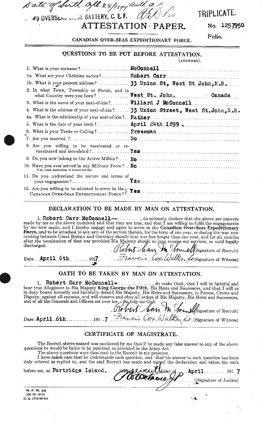 Dossiers du Personnel de la Première Guerre mondiale - CEC 134398a
