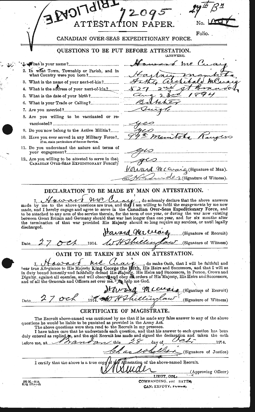 Dossiers du Personnel de la Première Guerre mondiale - CEC 135703a