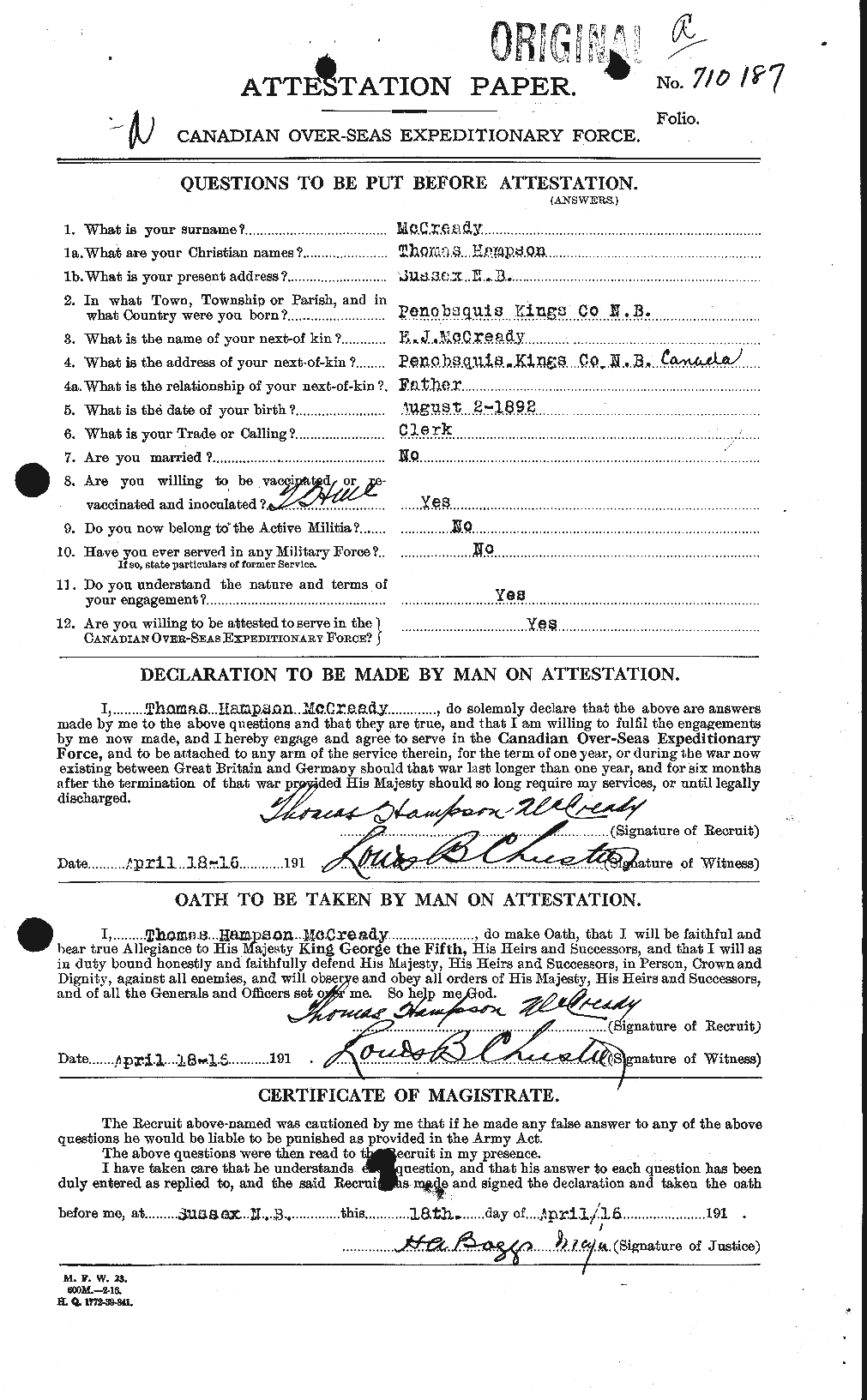 Dossiers du Personnel de la Première Guerre mondiale - CEC 136020a