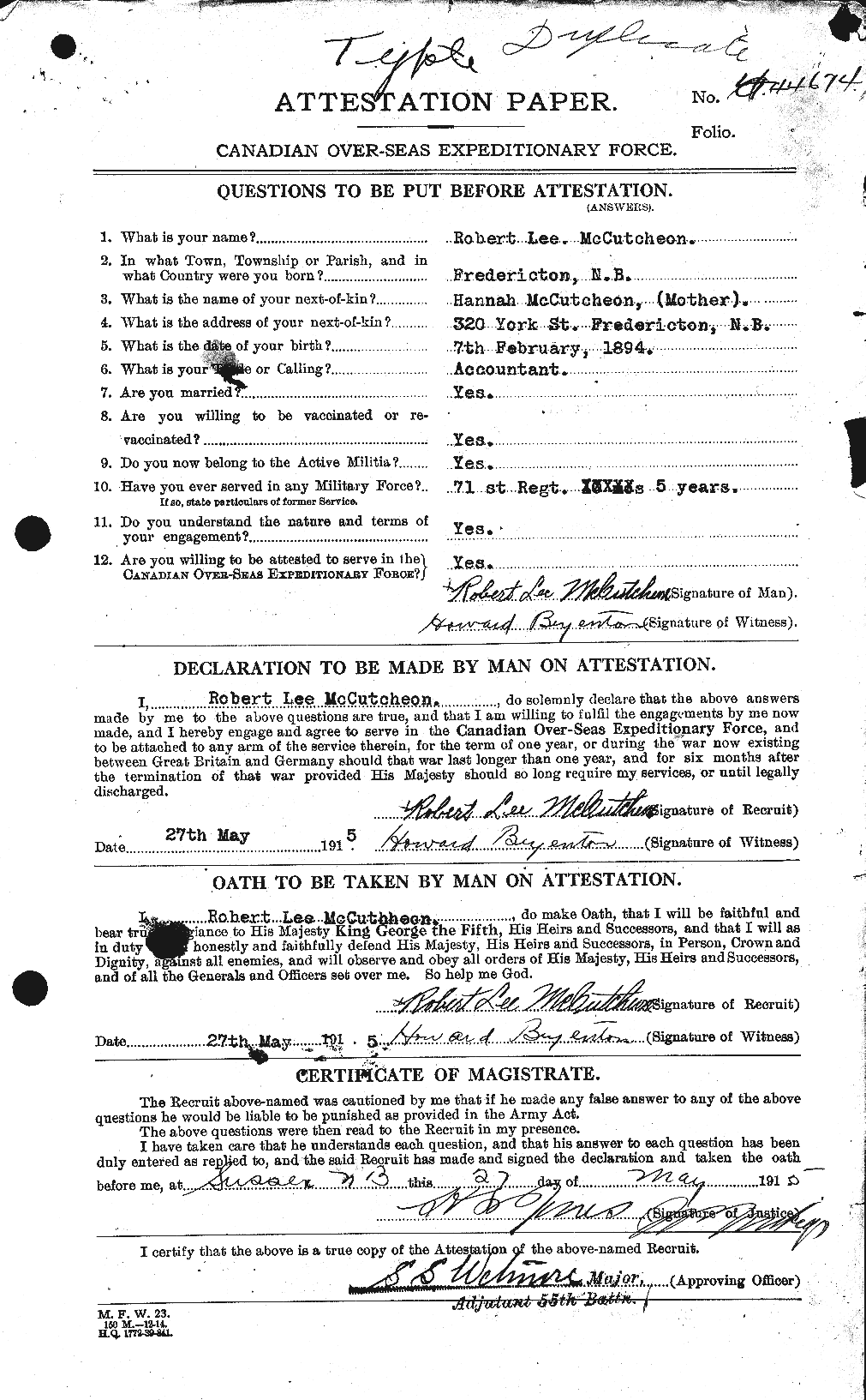 Dossiers du Personnel de la Première Guerre mondiale - CEC 136753a