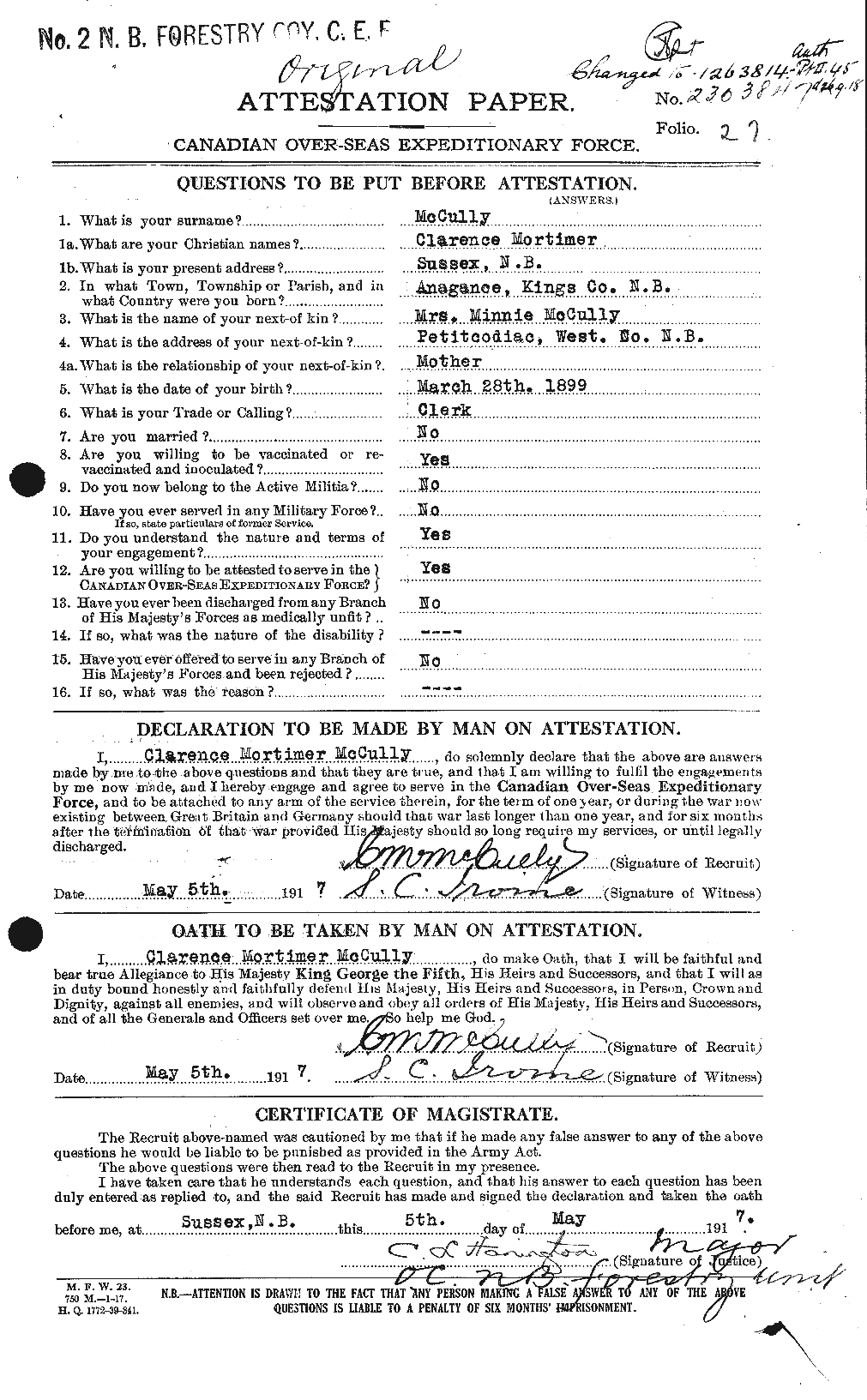 Dossiers du Personnel de la Première Guerre mondiale - CEC 136830a