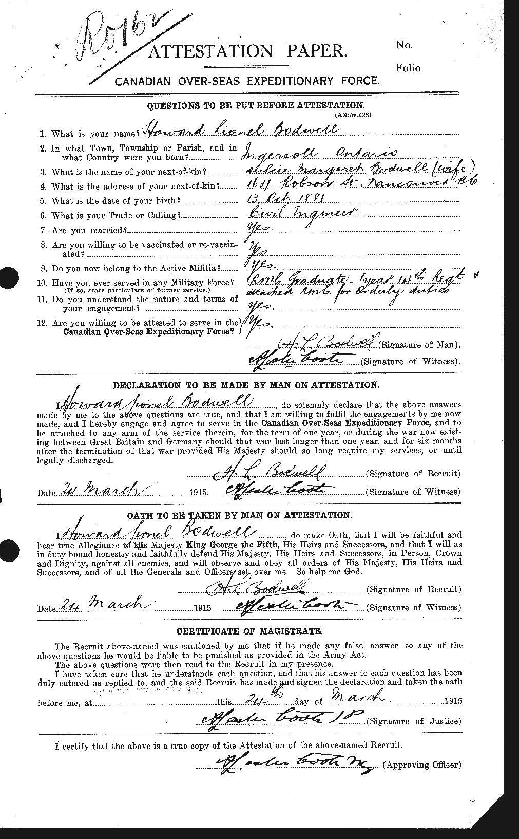 Dossiers du Personnel de la Première Guerre mondiale - CEC 200029a