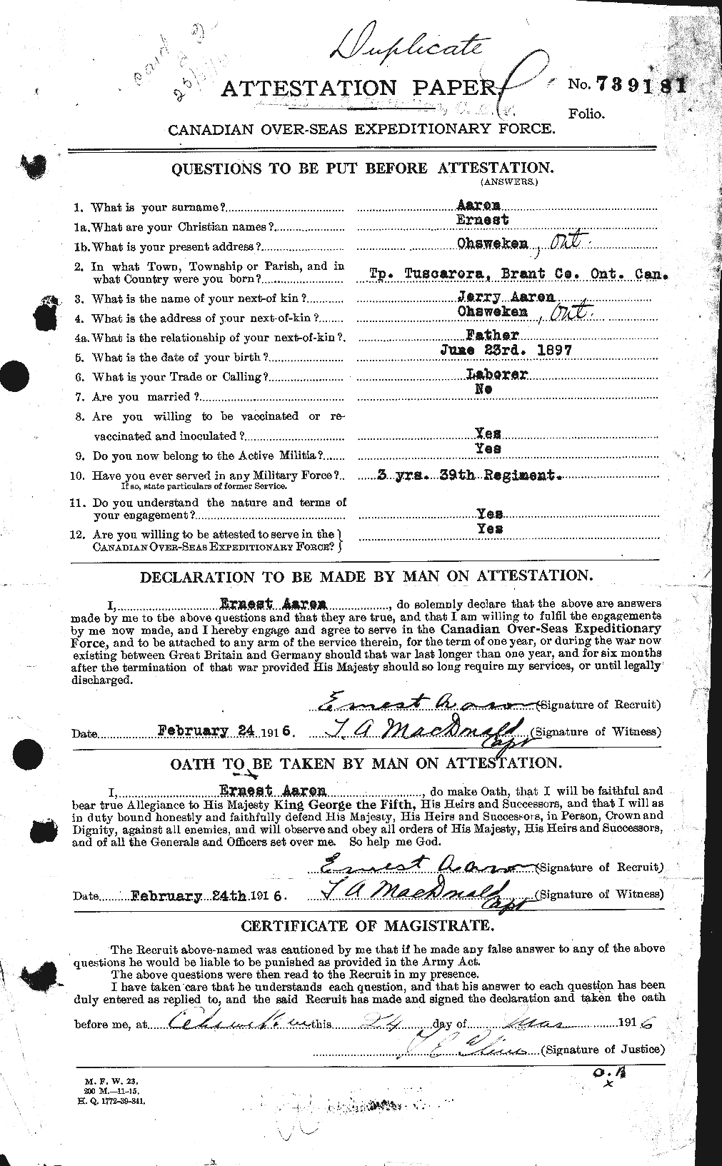 Personnel Records of the First World War - CEF 200739a