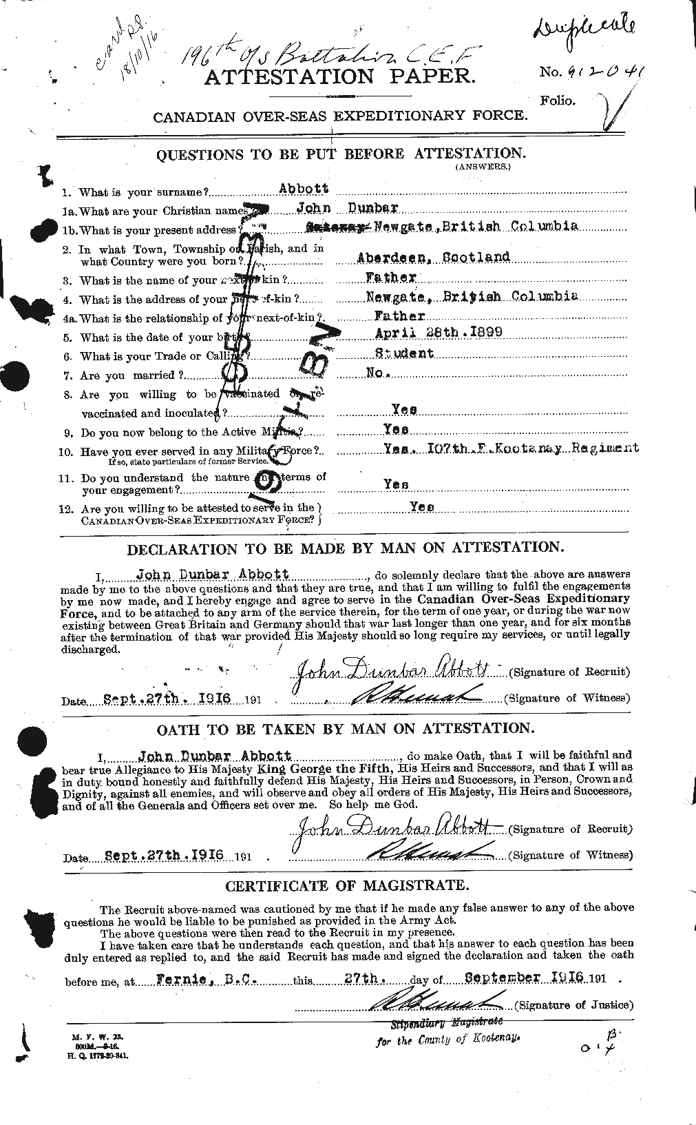 Personnel Records of the First World War - CEF 200991a