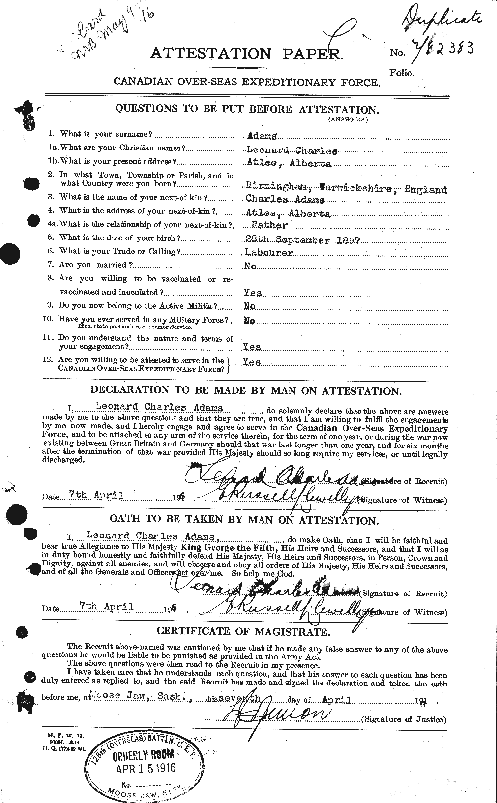 Personnel Records of the First World War - CEF 201961a