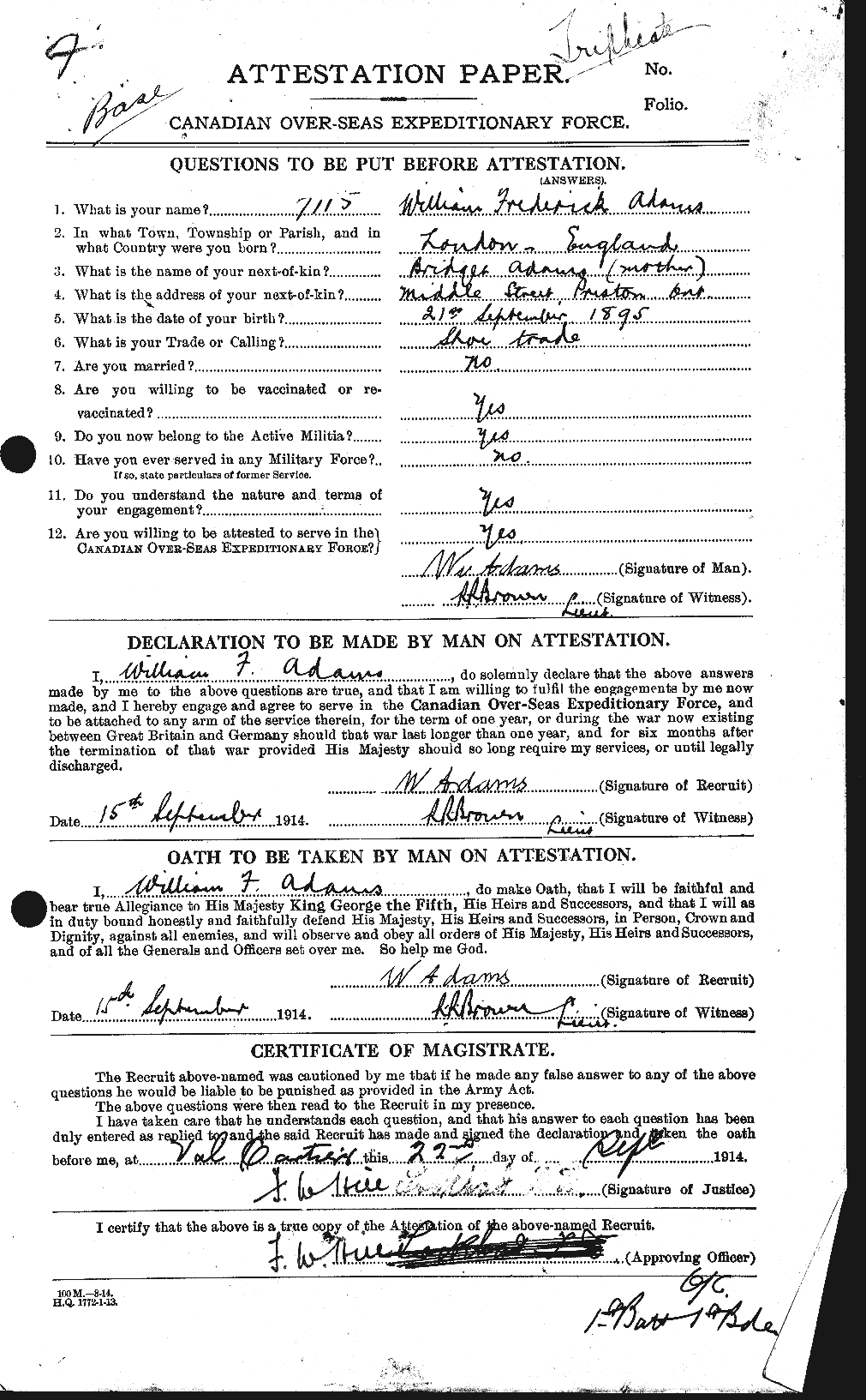 Dossiers du Personnel de la Première Guerre mondiale - CEC 202251a