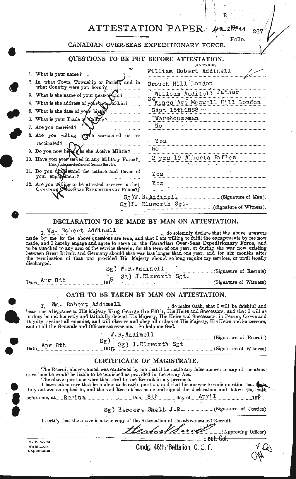 Dossiers du Personnel de la Première Guerre mondiale - CEC 202462a