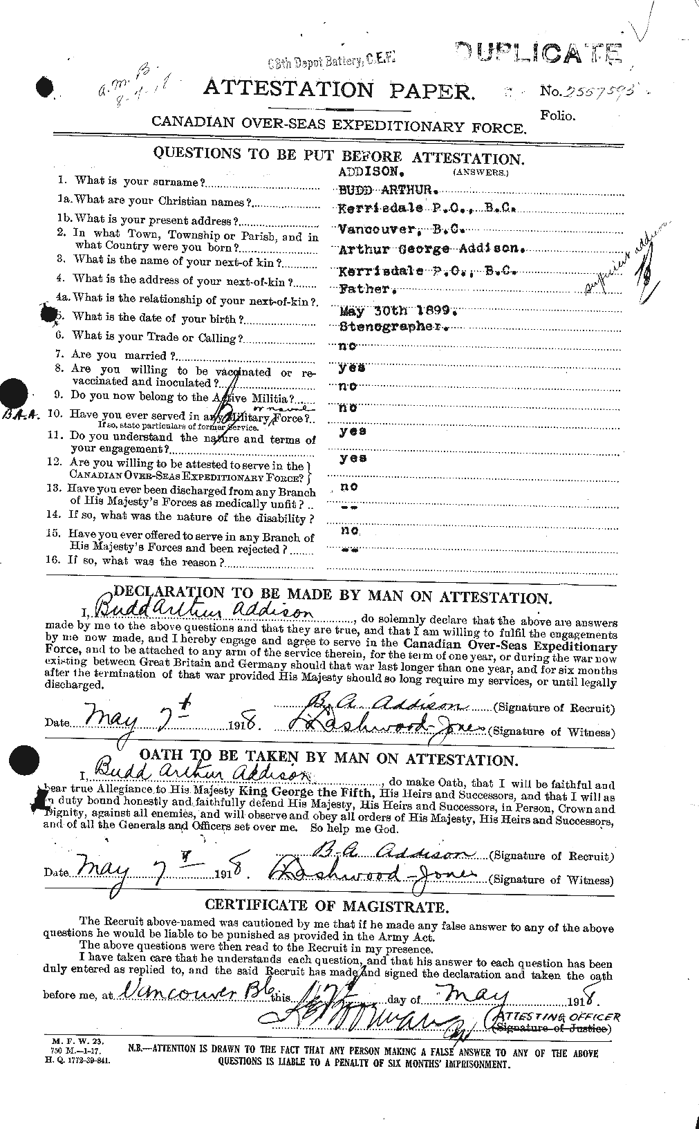 Dossiers du Personnel de la Première Guerre mondiale - CEC 202482a
