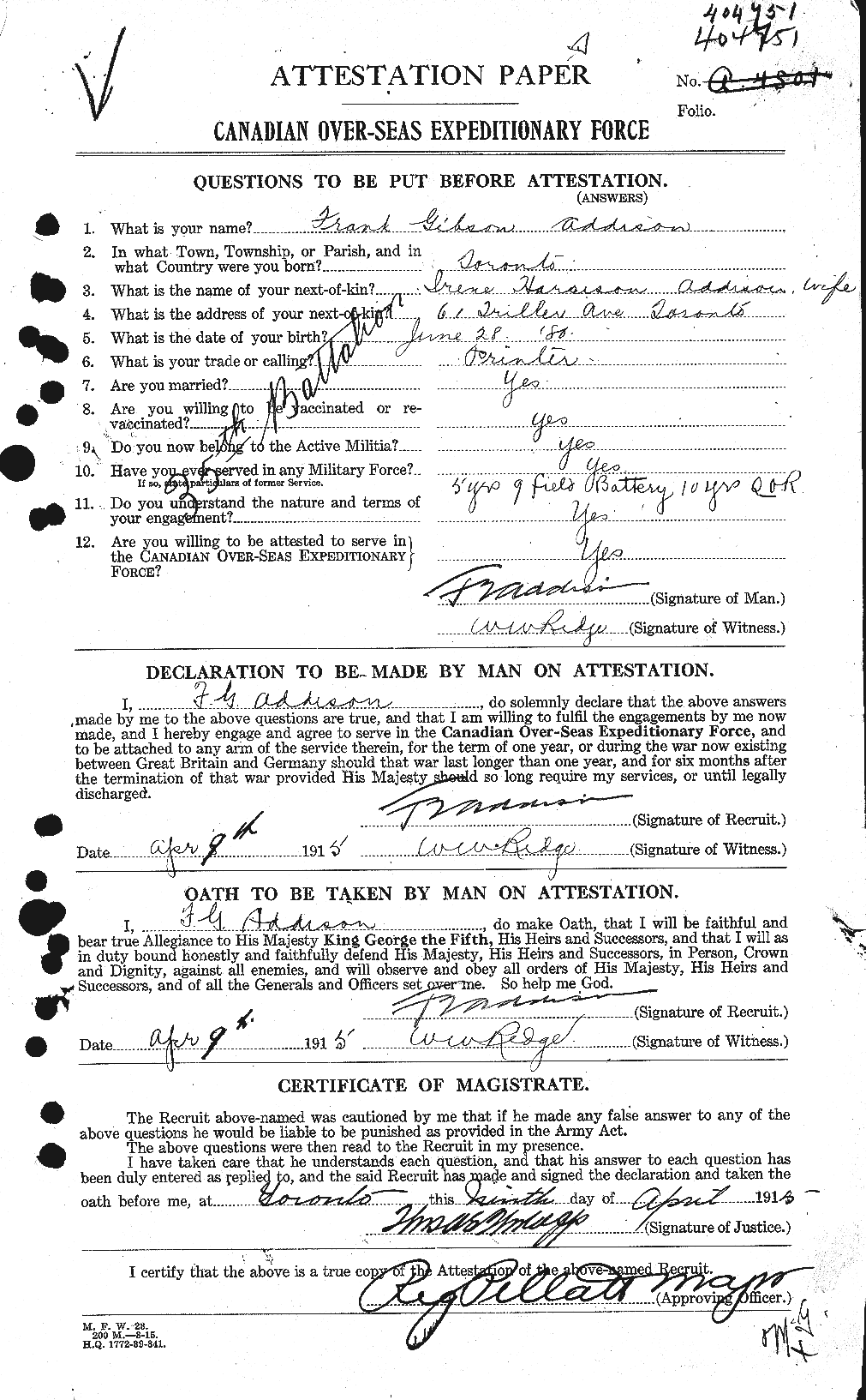 Dossiers du Personnel de la Première Guerre mondiale - CEC 202488a