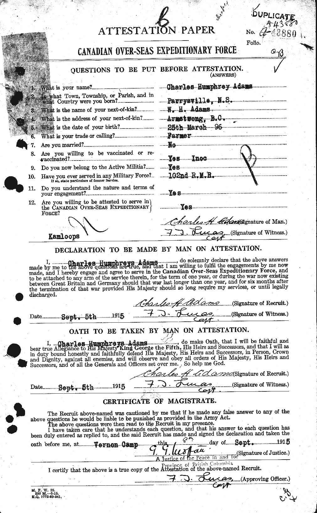 Dossiers du Personnel de la Première Guerre mondiale - CEC 202570a