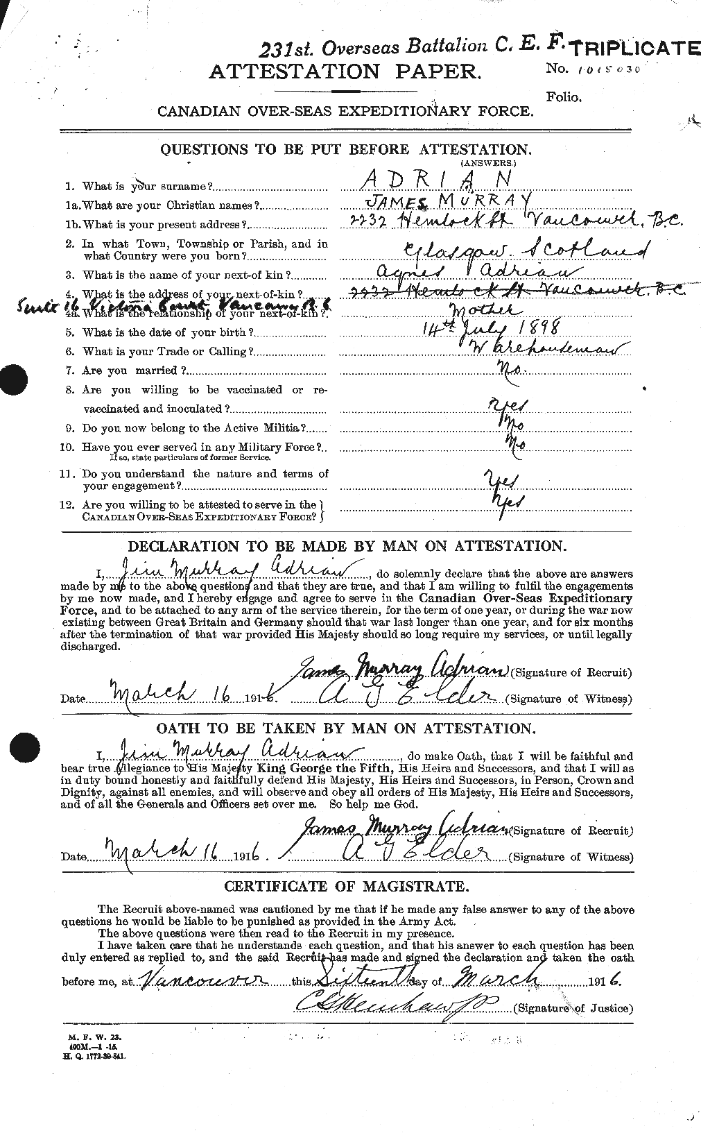 Dossiers du Personnel de la Première Guerre mondiale - CEC 202910a