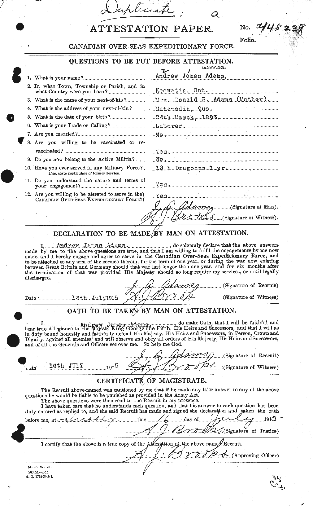 Dossiers du Personnel de la Première Guerre mondiale - CEC 203247a