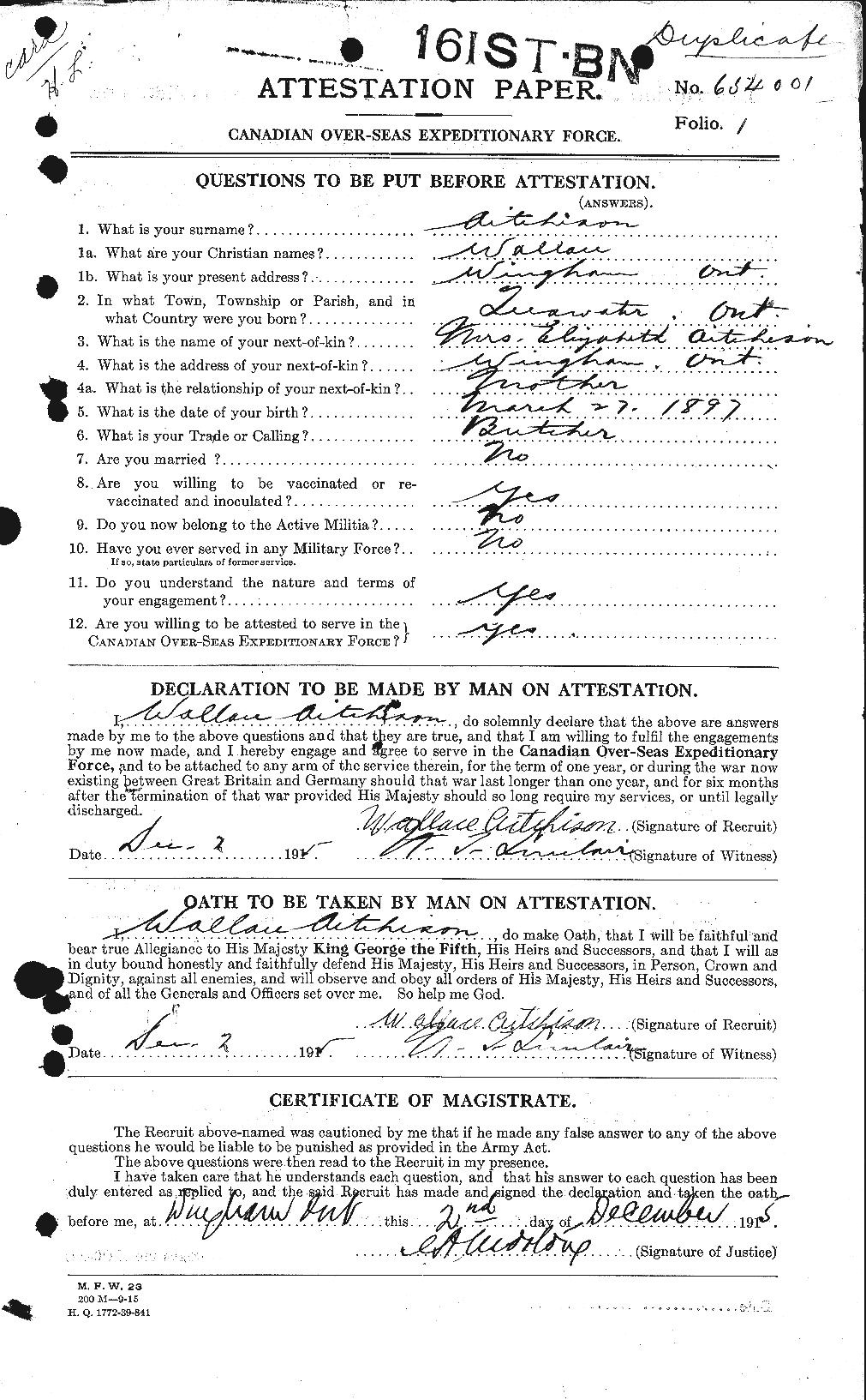 Dossiers du Personnel de la Première Guerre mondiale - CEC 203318a