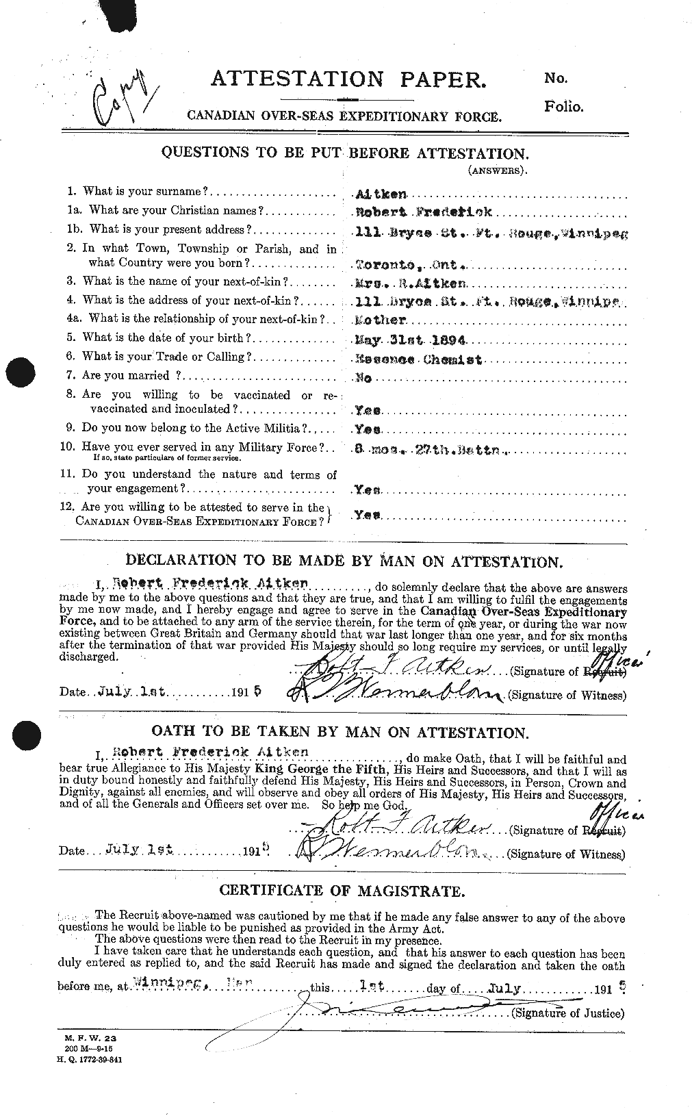 Dossiers du Personnel de la Première Guerre mondiale - CEC 203432a