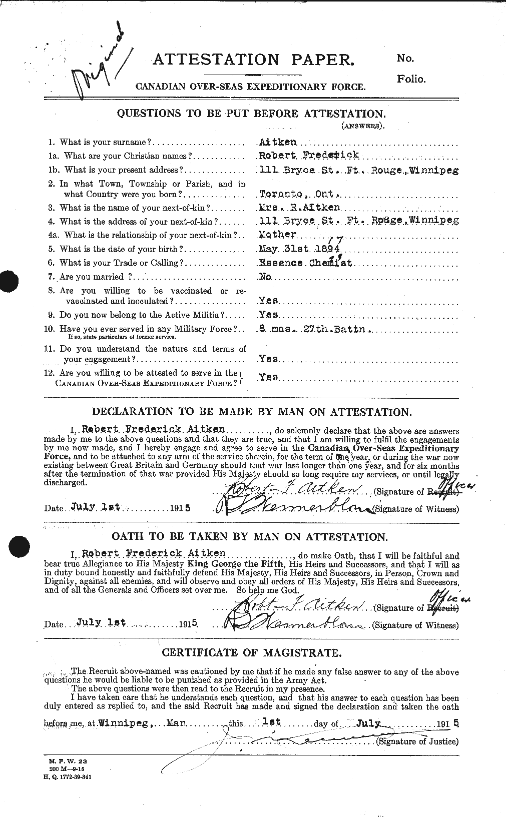Dossiers du Personnel de la Première Guerre mondiale - CEC 203434a