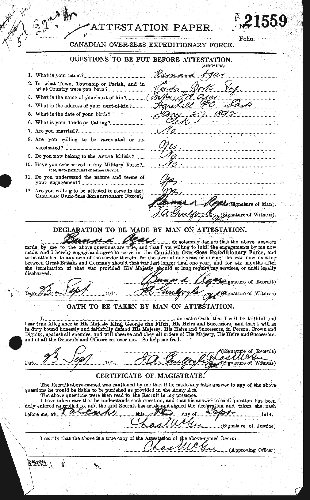 Dossiers du Personnel de la Première Guerre mondiale - CEC 203661a