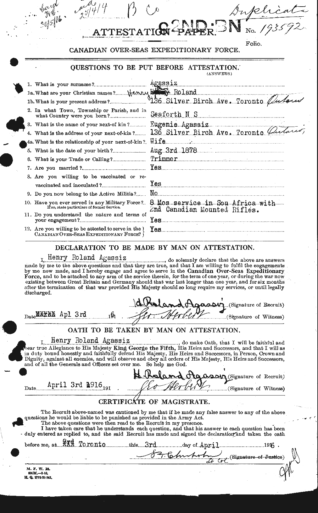 Dossiers du Personnel de la Première Guerre mondiale - CEC 203698a